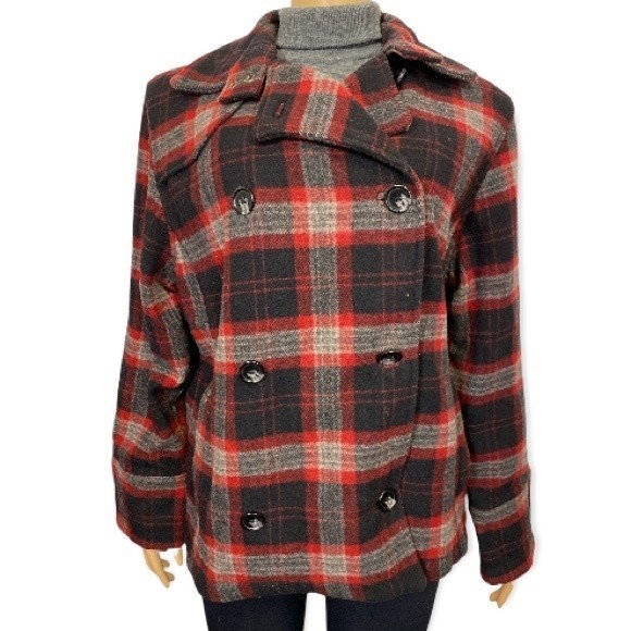 Vintage WoolRich Pea Coat Plaid Wool double breasted Burgundy Black gray size L - Picture 3 of 17